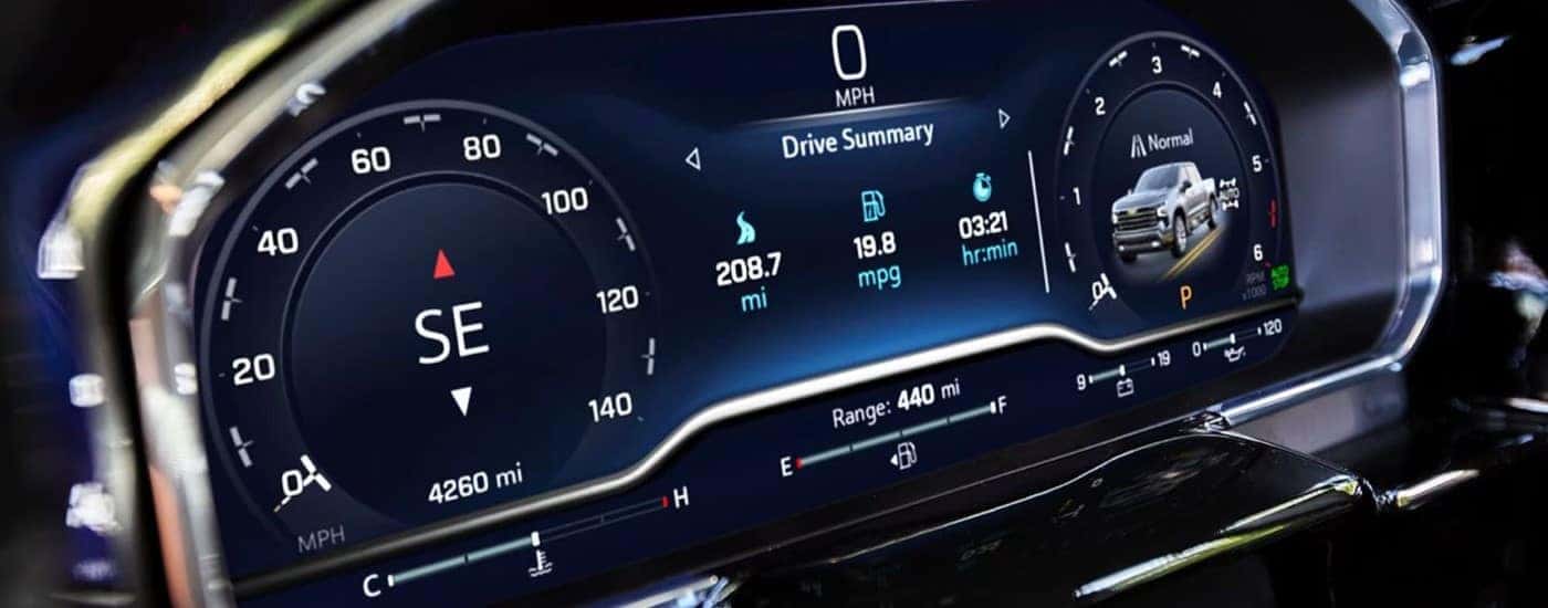 The digital gauges are shown in a 2023 Chevy Silverado 1500.