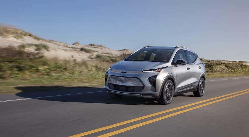 A silver 2022 Chevy Bolt EUV is shown from the front at an angle after leaving a Chevrolet dealership.