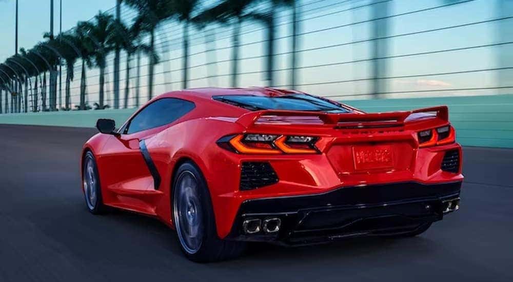 A red 2024 Chevy Corvette Stingray 3LT is shown driving on a racetrack.