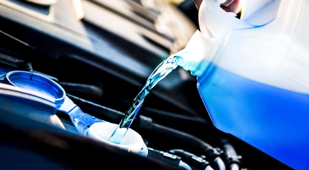 Windshield wiper fluid is being poured into a vehicle.