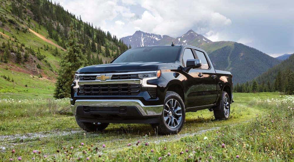 A black 2024 Chevy Silverado 1500 for sale is shown from the front at an angle.