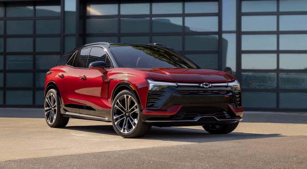 A red 2025 Chevy Blazer EV RS is shown from the front at an angle.
