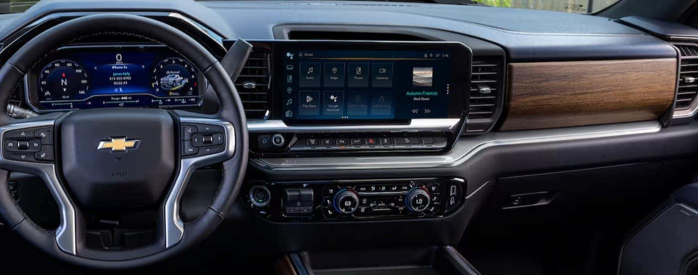 The black and brown dash is shown in a 2025 Chevy Silverado 2500 HD.