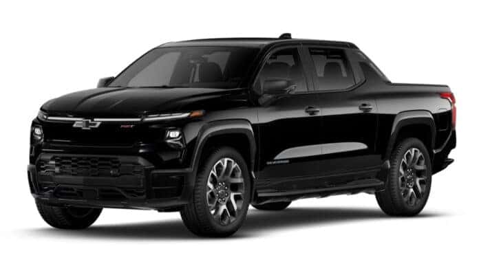 A black 2025 Chevy Silverado EV RST is angled left.
