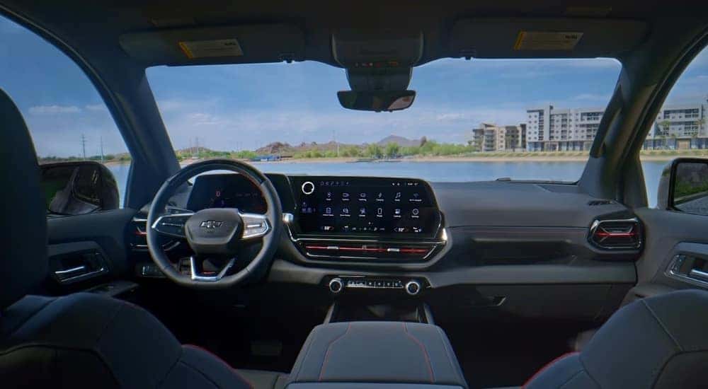 The cabin of a 2024 Chevy Silverado EV at a Chevy dealer.