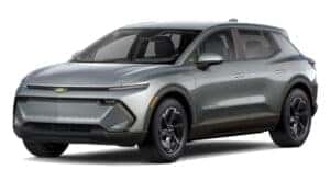 A silver 2025 Chevy Equinox EV LT is angled left.