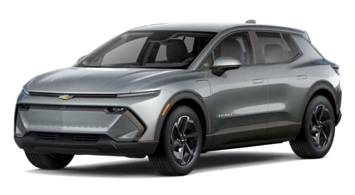 A silver 2025 Chevy Equinox EV LT is angled left.