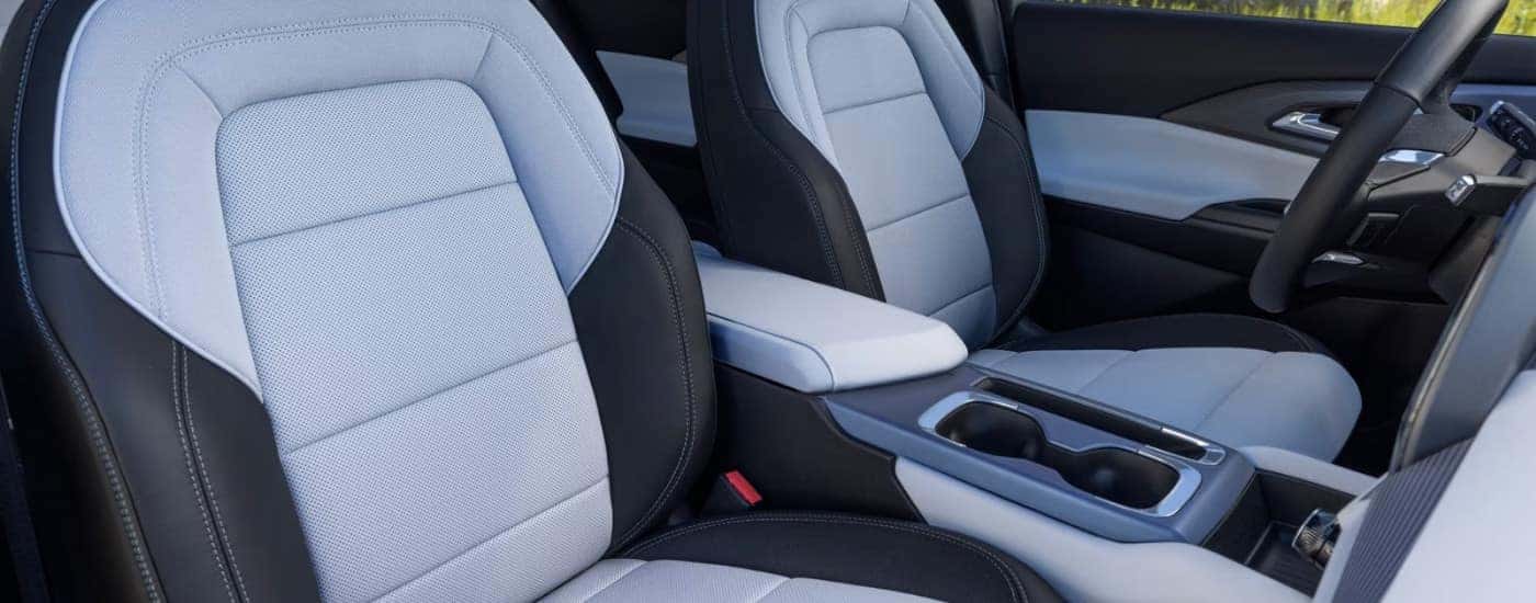 Black and white leather seating in a 2025 Chevy Equinox EV.