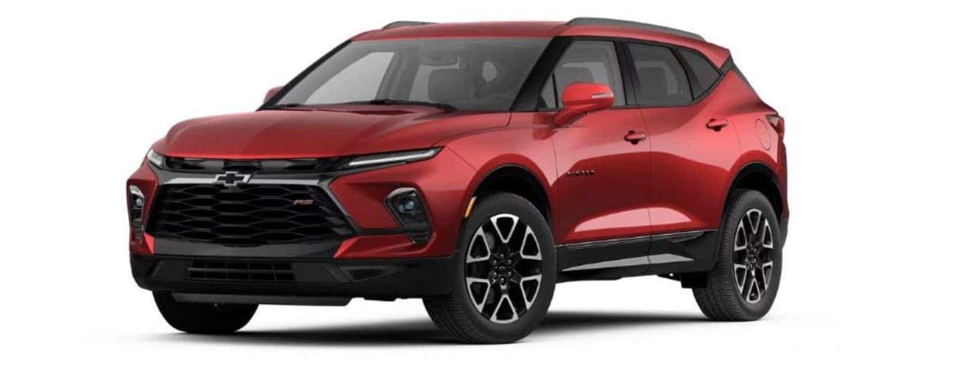 A red 2025 Chevy Blazer RS angled left.