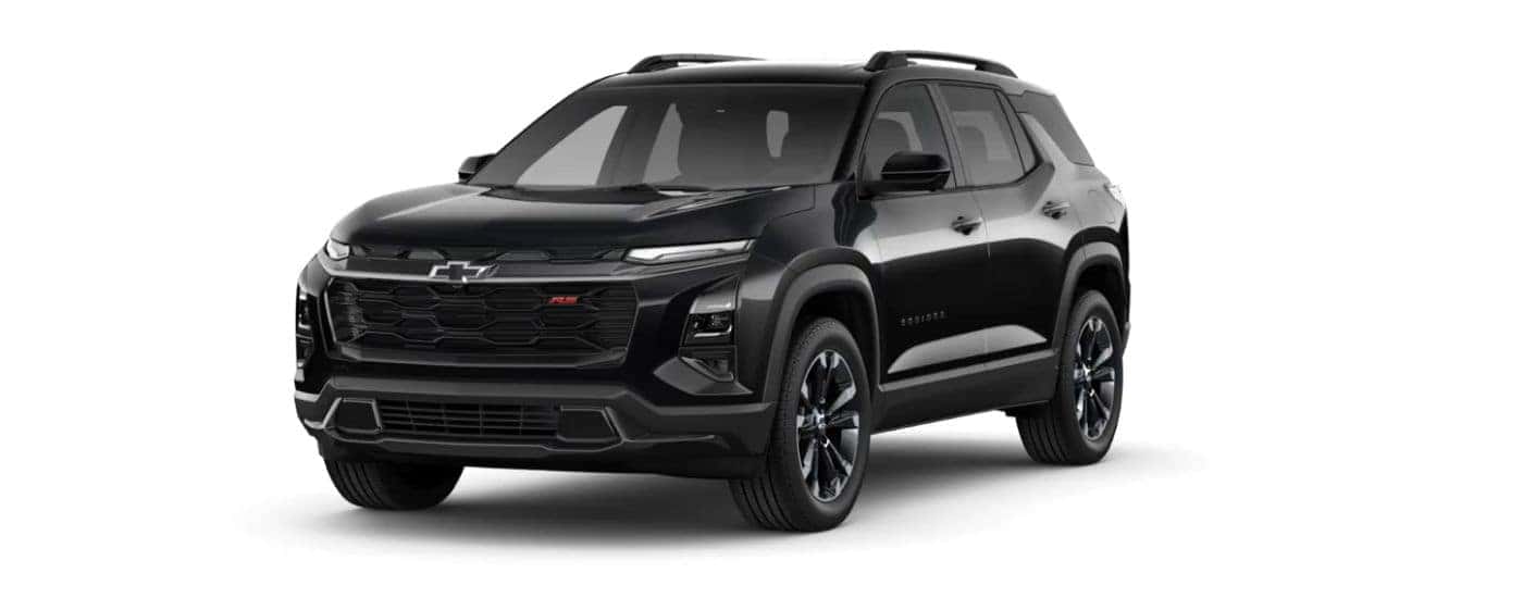 A black 2025 Chevy Equinox RS angled left.