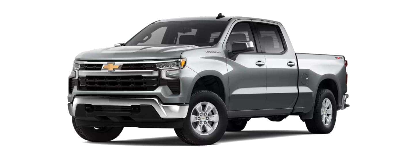 A silver 2026 Chevy Silverado 1500 angled left.