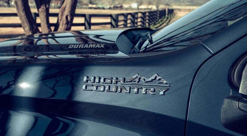 Duramax badging on a black 2023 Chevy Silverado 1500 High Country