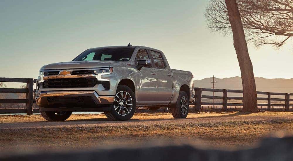 A silver 2023 Chevy Silverado 1500 parked off-road