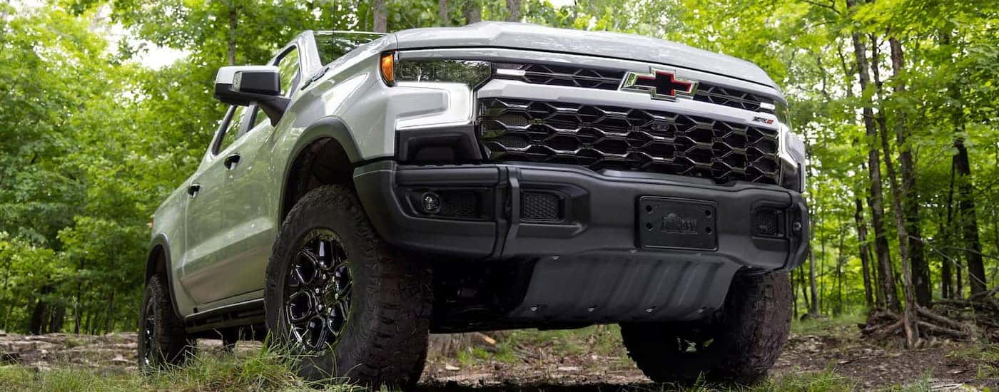 Low angle view of a white 2025 Chevy Silverado 1500 parked off-road in a forest.