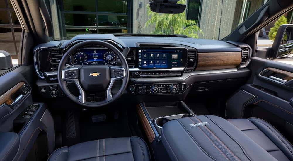 The black interior of a 2024 Chevy Silverado 2500.