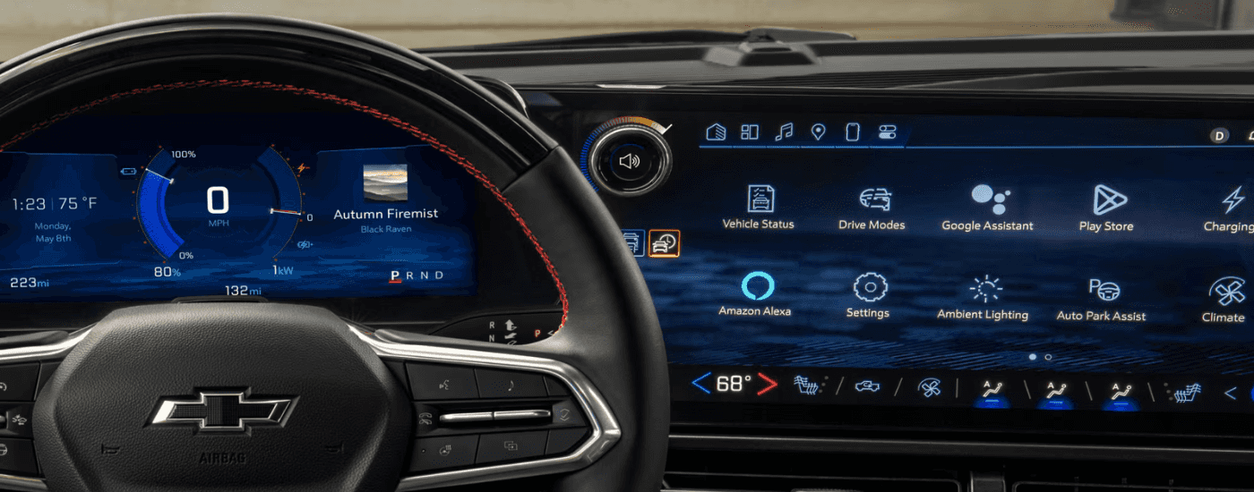 Steering wheel and infotainment system in a 2026 Chevy Equinox EV
