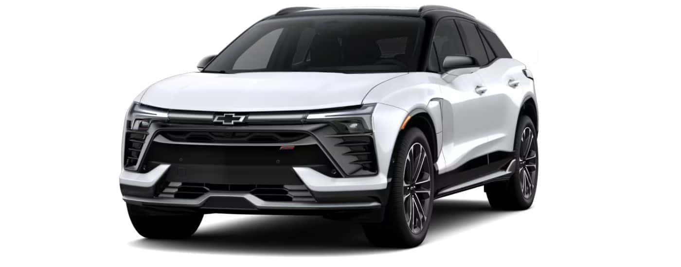A white 2026 Chevy Blazer EV angled left.