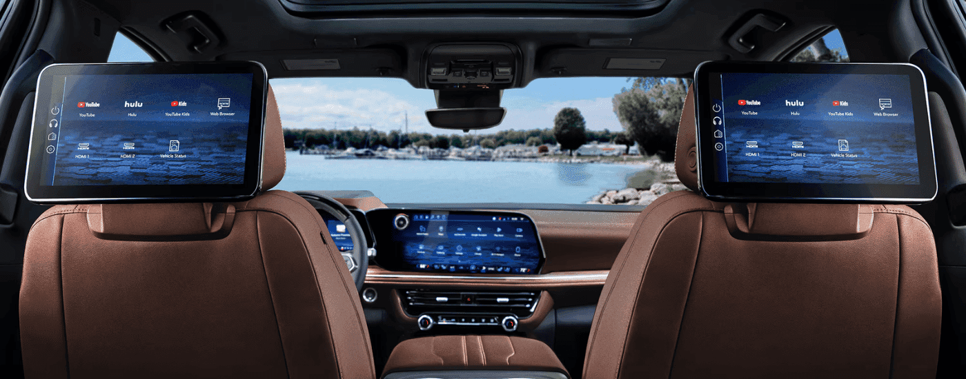 Brown leather interior and screen in a 2026 Chevy Suburban