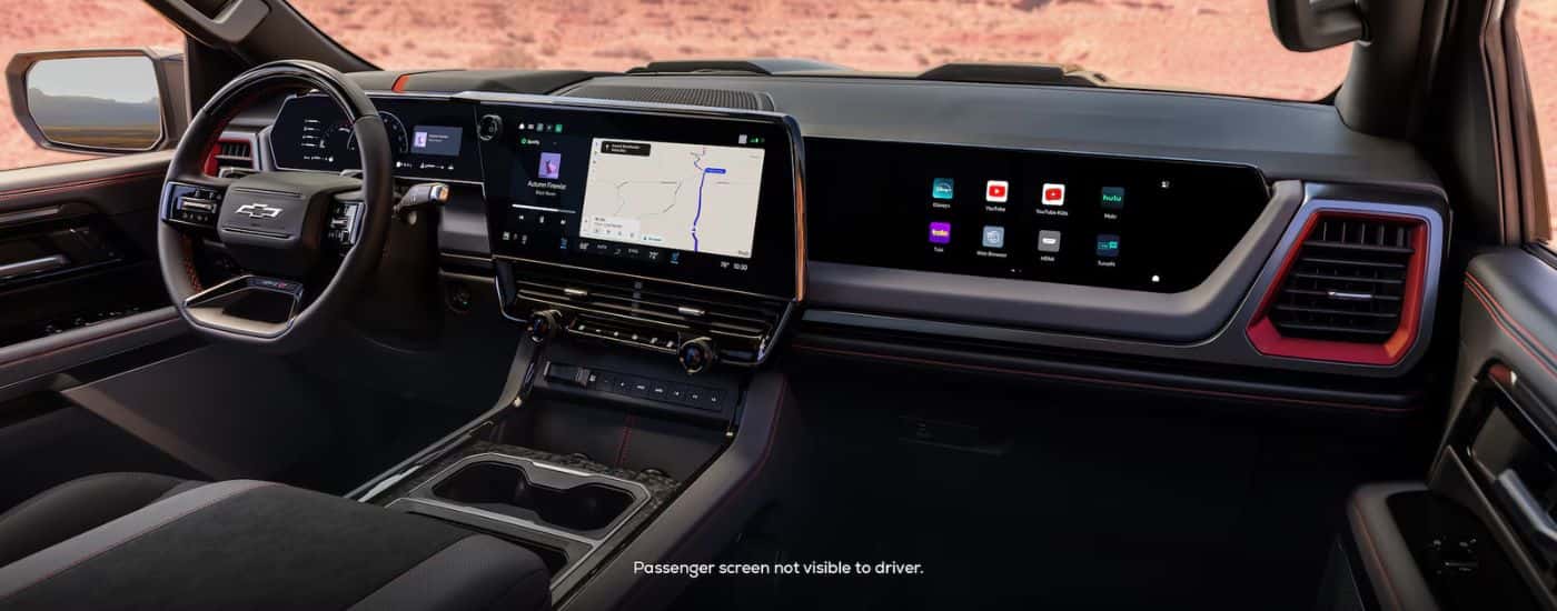 2027 Chevy Silverado 1500 with passenger display screen.