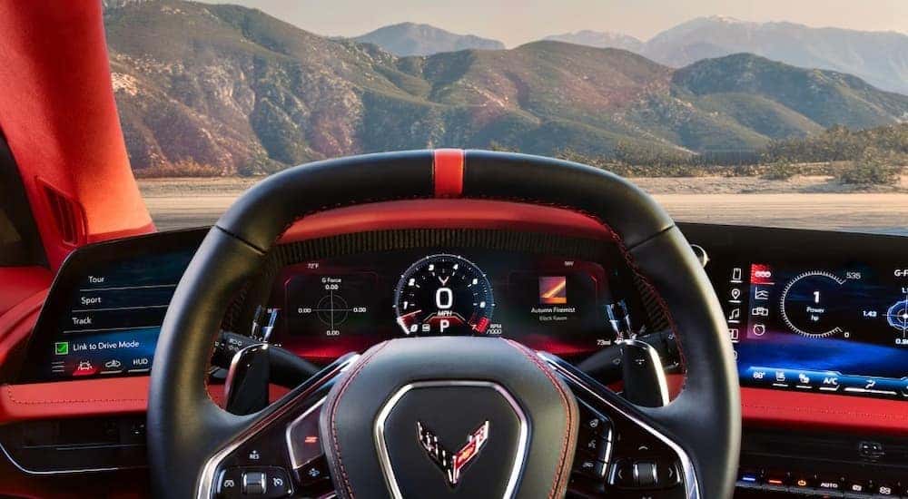 Steering wheel and digital dash in a 2027 Corvette Grand Sport 3LT Coupe.