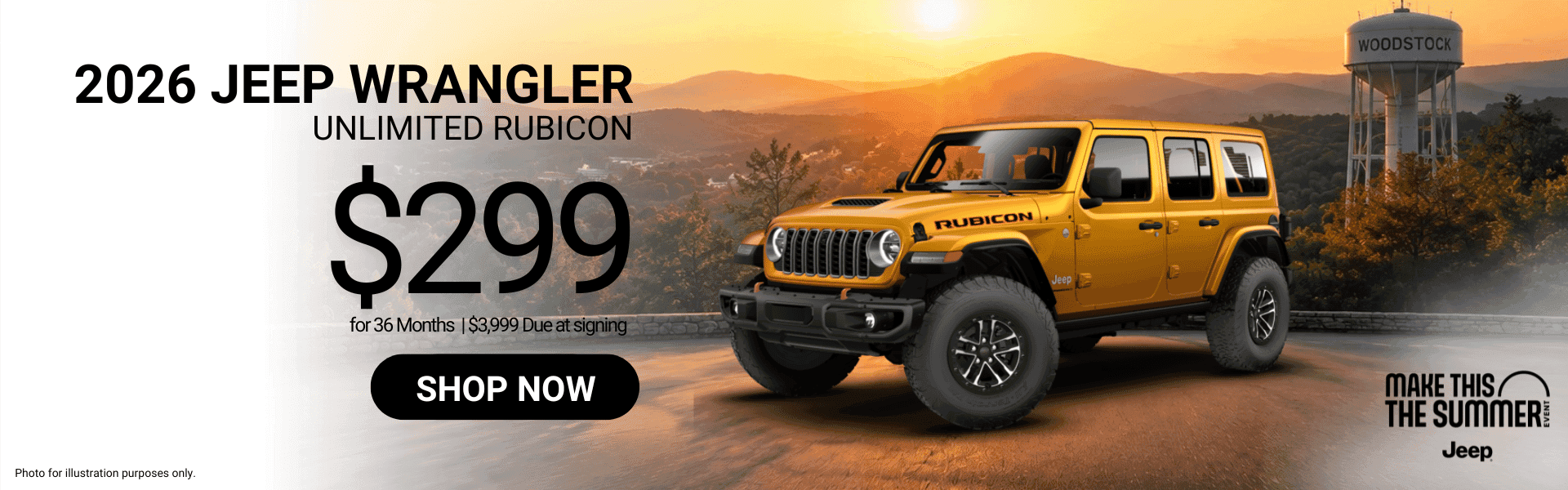 2026 Jeep Wrangler Unlimited Rubicon lease offer featuring $299 per month for 36 months with $3,999 due at signing. Vehicle shown on a scenic Woodstock, Georgia mountain overlook backdrop during sunset.