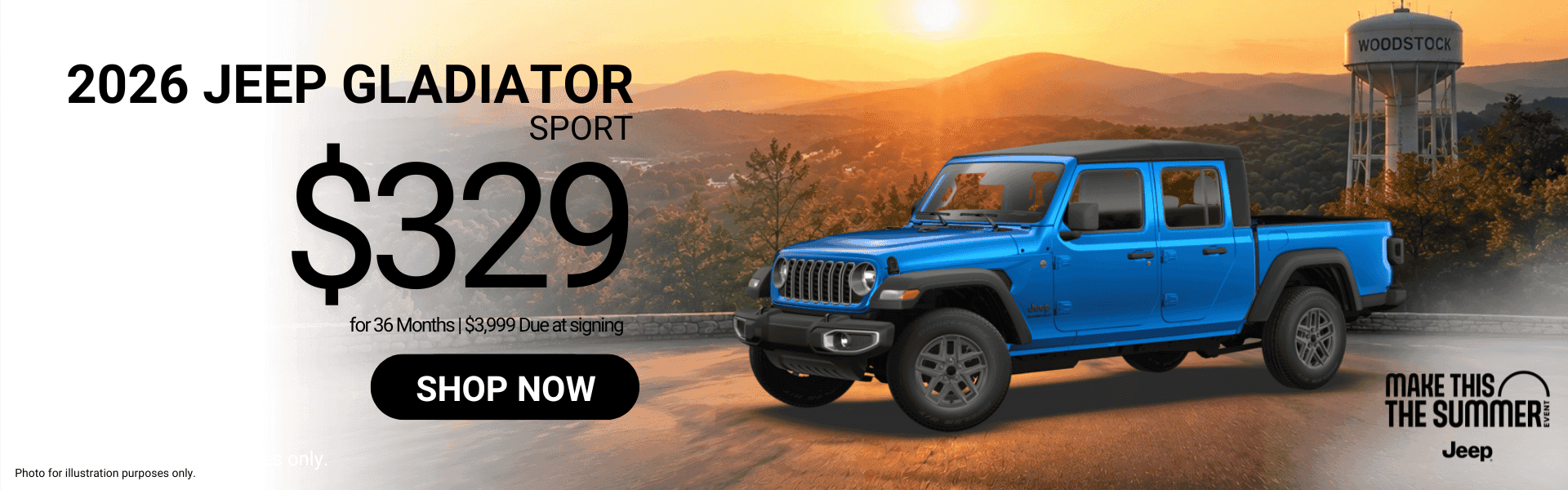 2026 Jeep Gladiator Sport lease offer featuring $329 per month for 36 months with $3,999 due at signing. Vehicle shown on a scenic Woodstock, Georgia mountain overlook backdrop during sunset.