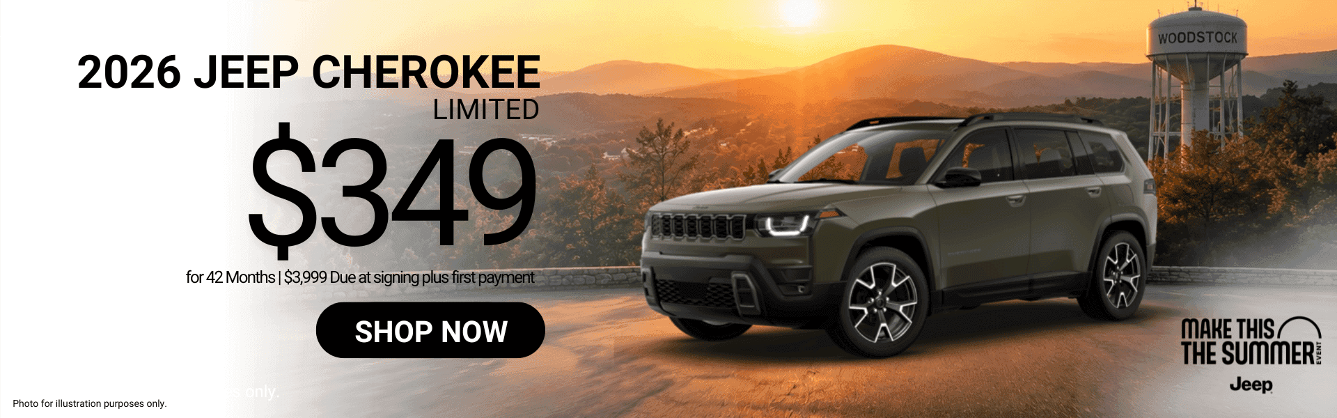 2026 Jeep Cherokee Limited lease offer featuring $349 per month for 42 months with $3,999 due at signing plus first payment. Vehicle shown on a scenic Woodstock, Georgia mountain overlook backdrop during sunset.
