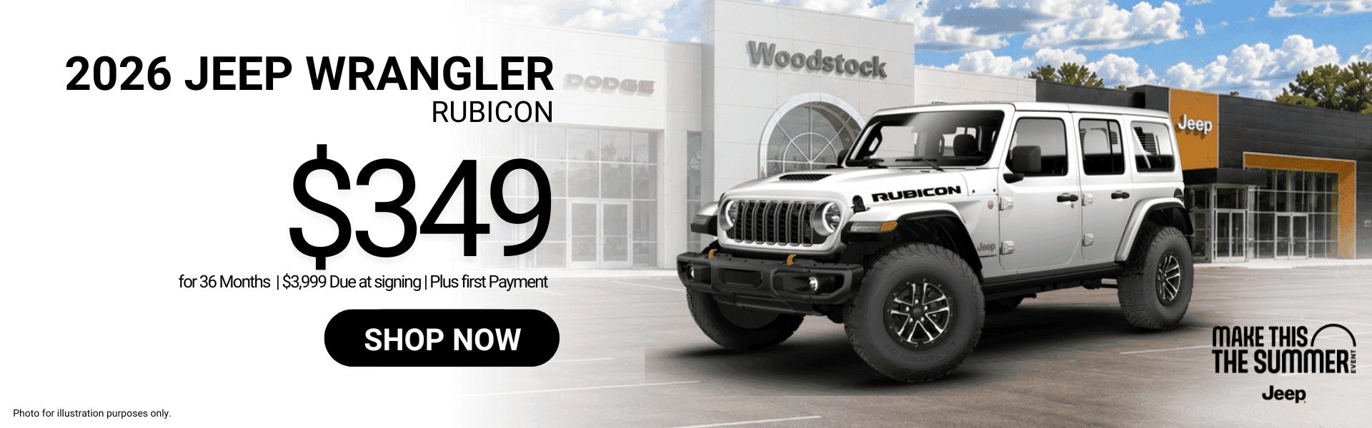 Lease a new 2026 Jeep Wrangler Rubicon for $349 per month for 36 months. Offer shown based on $3,999 total due at lease signing plus first month’s payment.