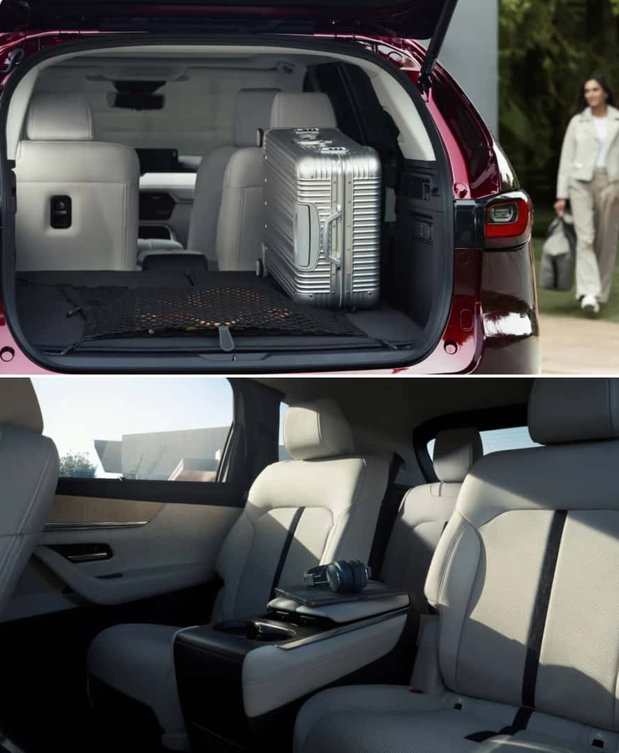 Split view of interior cargo and seating of Mazda CX-90 SUV.