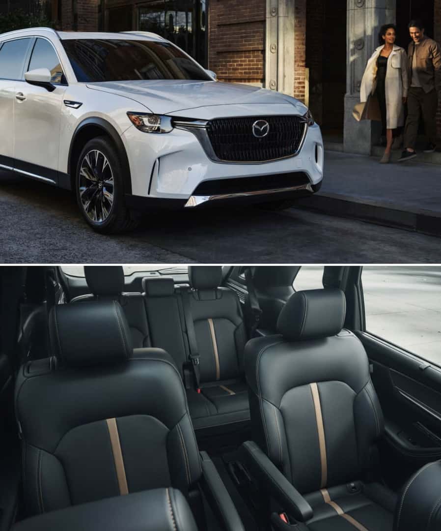 Split view of a white Mazda CX-90 PHEV SUV on a city street and the black leather interior.