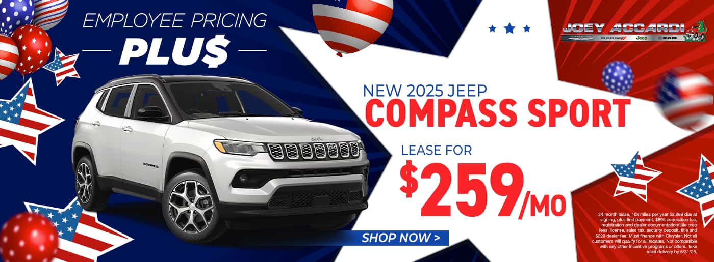 2025 Jeep Compass Sport $259 per month plus taxes and fees for 24 months - $2,699 due 10k miles