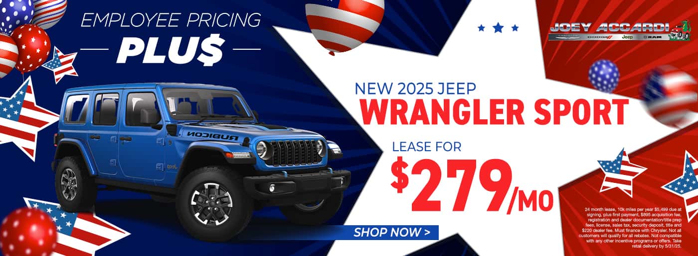 2025 Jeep Wrangler Sport $279 per month plus taxes and fees for 24 months - $5,499 due 10k miles