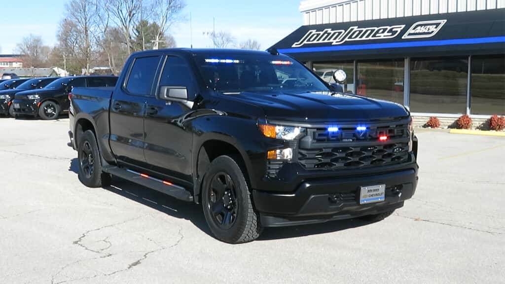 Front view of 2025 Chevrolet Silverado with police packagerado with law enforcement upfit