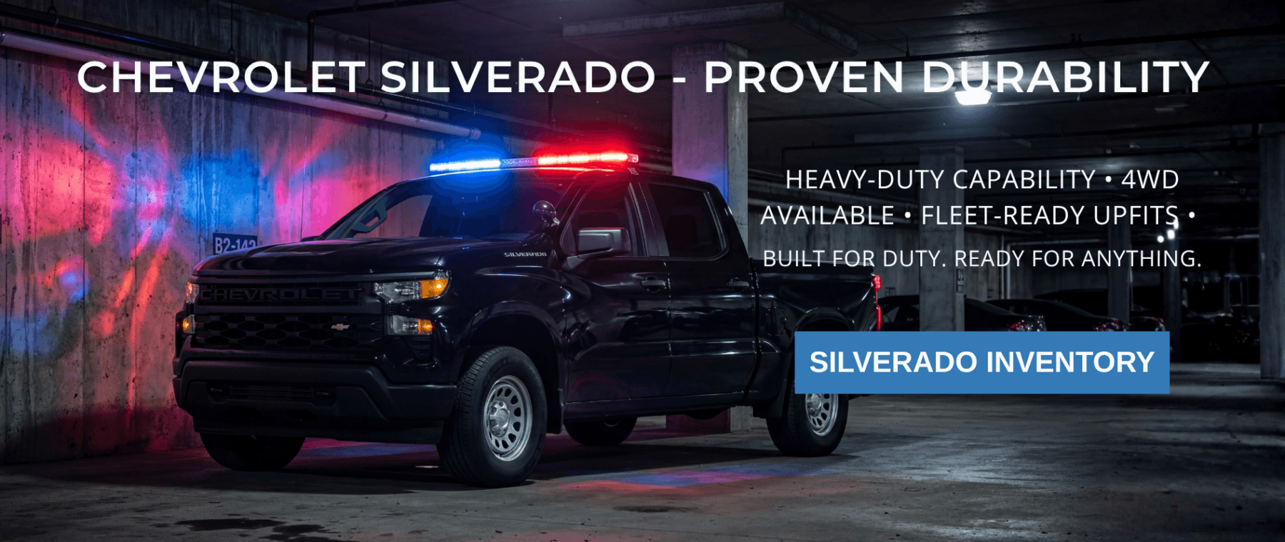 Chevrolet Silverado PPV police truck equipped with push bumper, emergency lighting, and heavy-duty upfit package