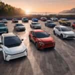 Toyota's current vehicle line-up with their various models including electric vehicles parked beside each other