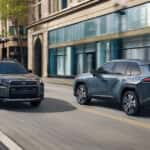 Two Toyota RAV4 vehicles passing each other going the opposite direction in a city.