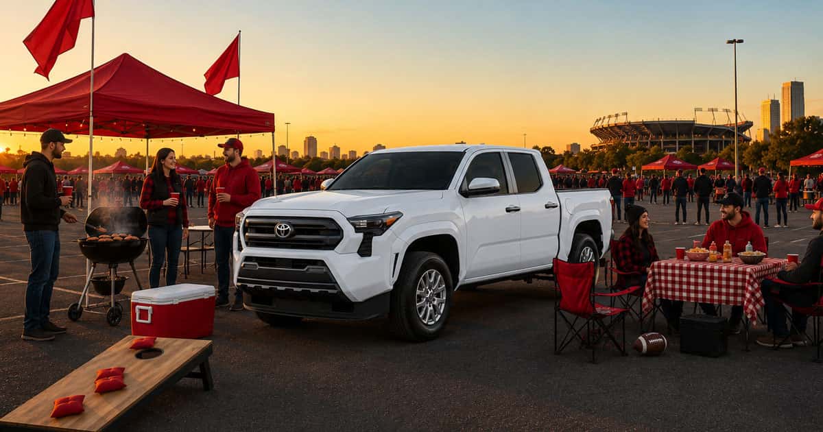A white Toyota Tacoma sits parked at a football tailgate.