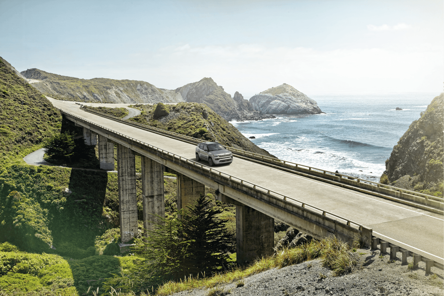 Jeep Compass scenic road trip view near Juneau Alaska