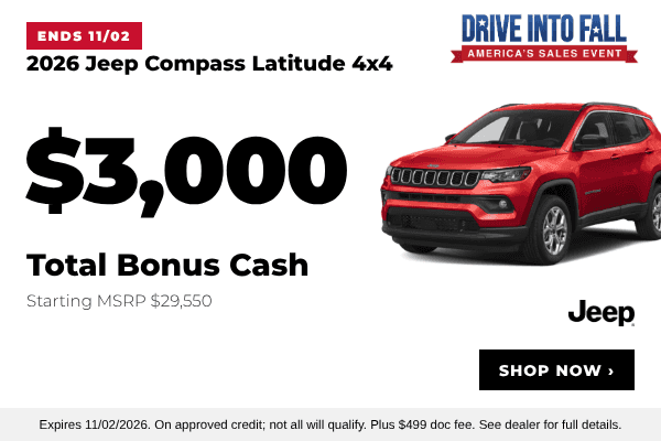 2026 Jeep Compass Latitude 4x4 $3,000 bonus cash offer at Juneau Jeep RAM in Juneau, Alaska