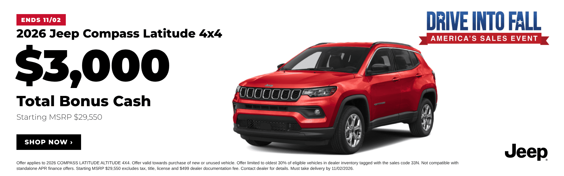 2026 Jeep Compass Latitude 4x4 with $3,000 total bonus cash offer at Juneau Jeep Ram, ends November 2, 2026