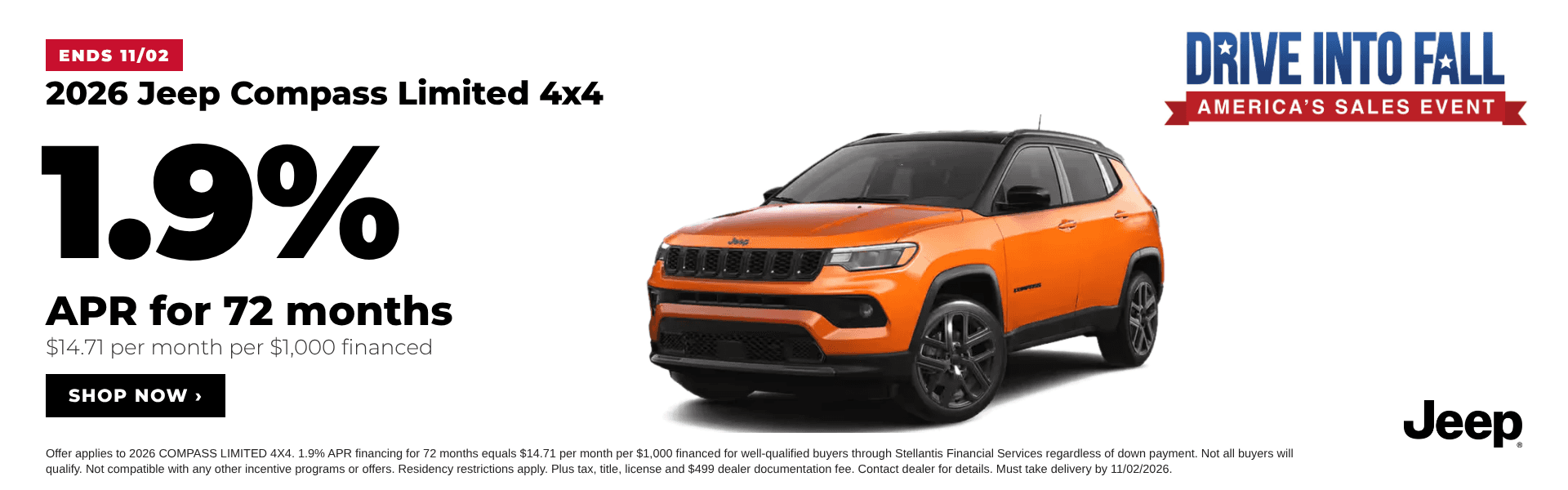 2026 Jeep Compass Limited 4x4 with 1.9% APR financing for 72 months at Juneau Jeep Ram, ends November 2, 2026