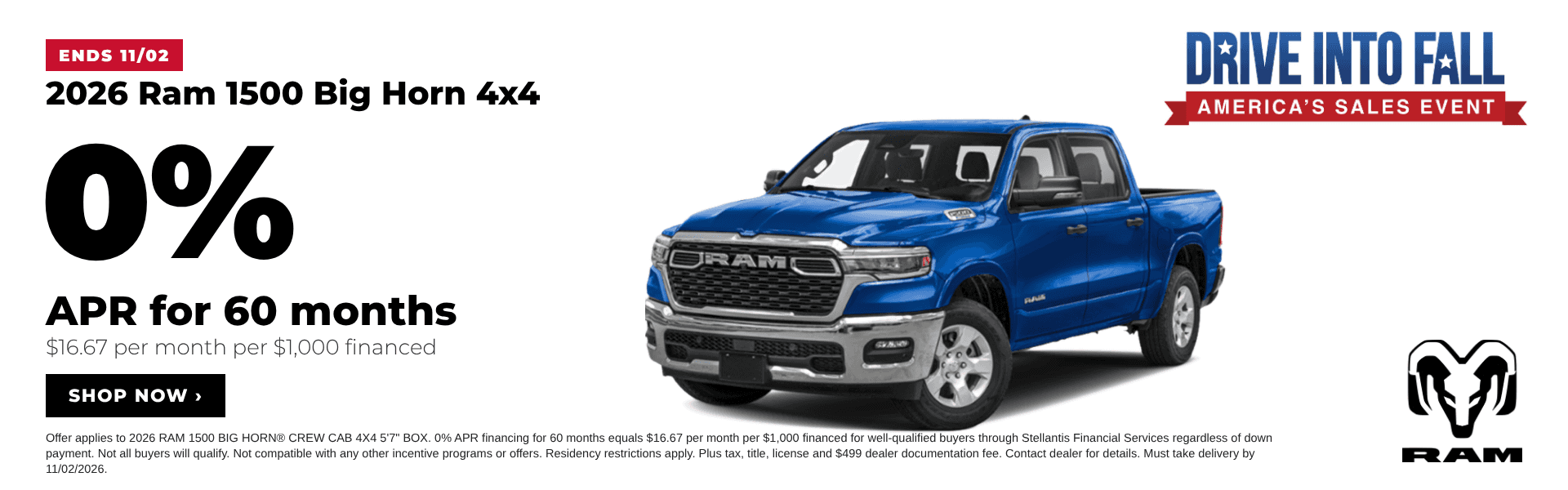 2026 Ram 1500 Big Horn 4x4 with 0% APR financing for 60 months at Juneau Jeep Ram, ends November 2, 2026