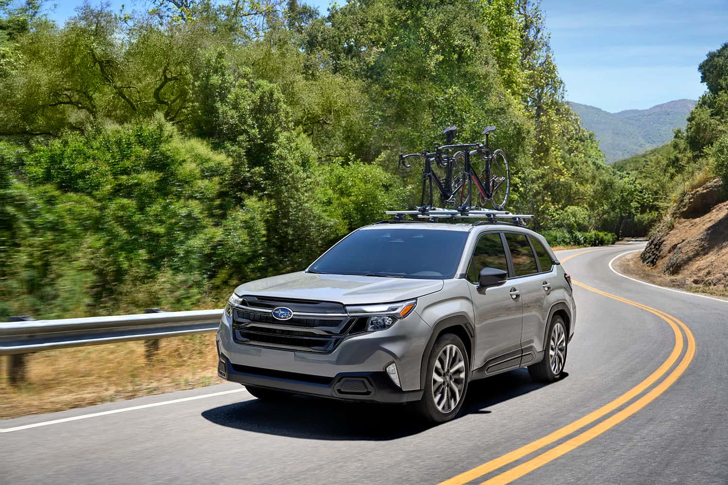 Subaru Forester with bike rack on a scenic drive near Douglas, Alaska