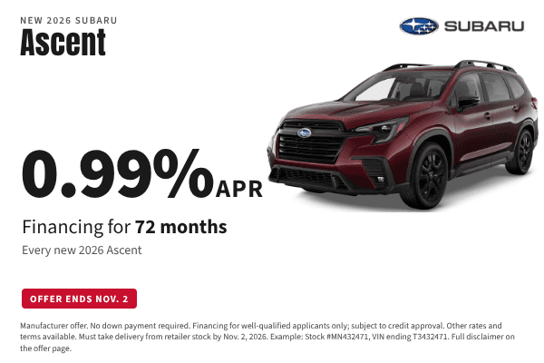 2026 Subaru Ascent 0.99% APR for 72 months at Juneau Subaru in Juneau, Alaska