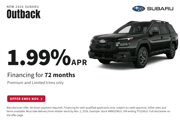 2026 Subaru Outback 1.99% APR for 72 months at Juneau Subaru in Juneau, Alaska