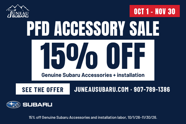 Juneau Subaru PFD Accessory Sale: 15% off Genuine Subaru Accessories and installation, October 1 to November 30, 2026