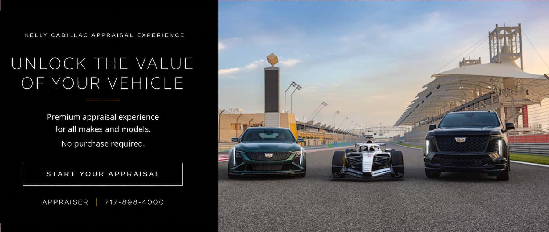 2026 Cadillac and F1 HERO image - no drivers; image features from left to right:2026 CT5-V Blackwing in Typhoon Metallic with Natural Tan interior; F1 Livery gray and 2026 Escalade -V in Black Raven; vehicle on race track