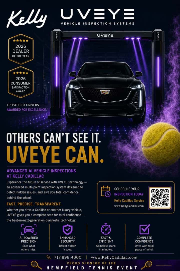 Kelly Cadillac UVEYE vehicle inspection technology ad for the Hempfield Tennis Challenge
