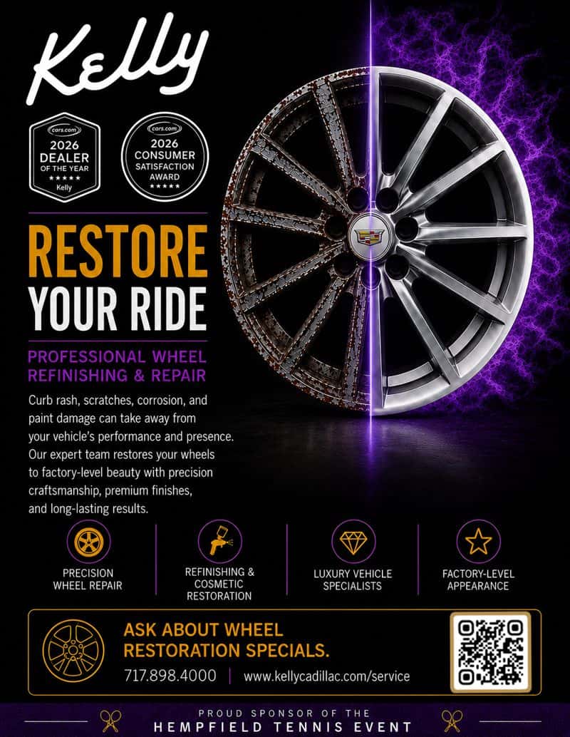 Kelly Cadillac wheel restoration and refinishing services ad for the Hempfield Tennis Challenge