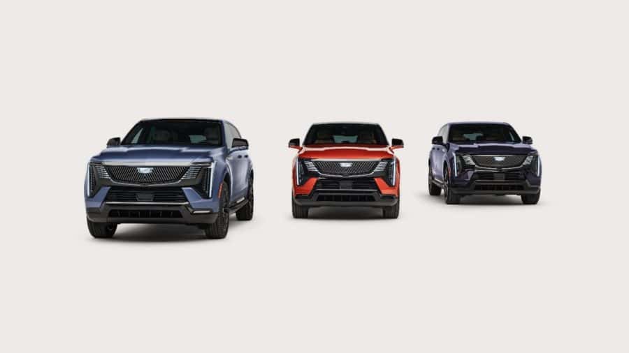Three 2027 Curated by Cadillac ESCALADE IQ SUVs in custom exterior colors